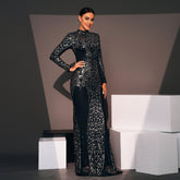 Evening Dress Long Sleeve Crew Neck Slim Long Sequined Cocktail Bridesmaid Dress